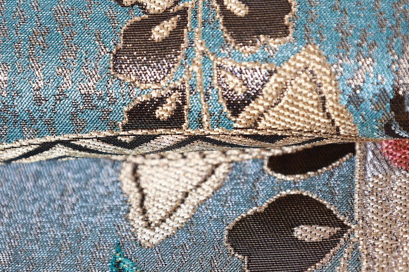 New, unstitched fukuro obi (formal sash). Gold, green, red, silver, blue. Features butterfly, peony, and thread spool motifs. R211