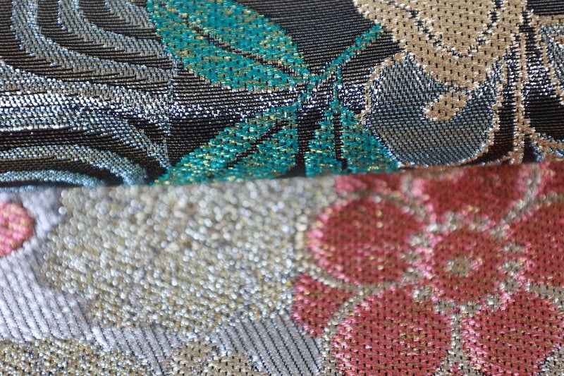 New, unstitched fukuro obi (formal sash). Gold, green, red, silver, blue. Features butterfly, peony, and thread spool motifs. R211