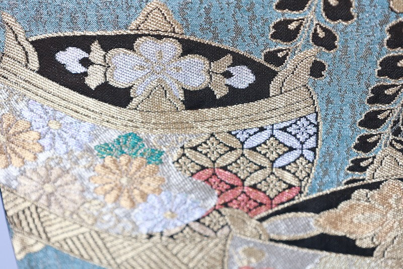 New, unstitched fukuro obi (formal sash). Gold, green, red, silver, blue. Features butterfly, peony, and thread spool motifs. R211