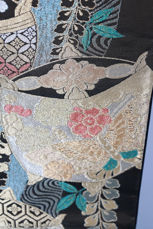 New, unstitched fukuro obi (formal sash). Gold, green, red, silver, blue. Features butterfly, peony, and thread spool motifs. R211
