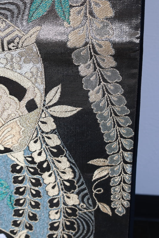 New, unstitched fukuro obi (formal sash). Gold, green, red, silver, blue. Features butterfly, peony, and thread spool motifs. R211