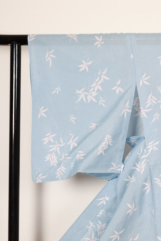 Summer used kimono fabric, light blue, white, pink, floral pattern, R240