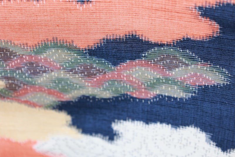 Tsumugi silk fabric , brand new, indigo, off-white, yellow, green, coral, cloud pattern, wave pattern, R290
