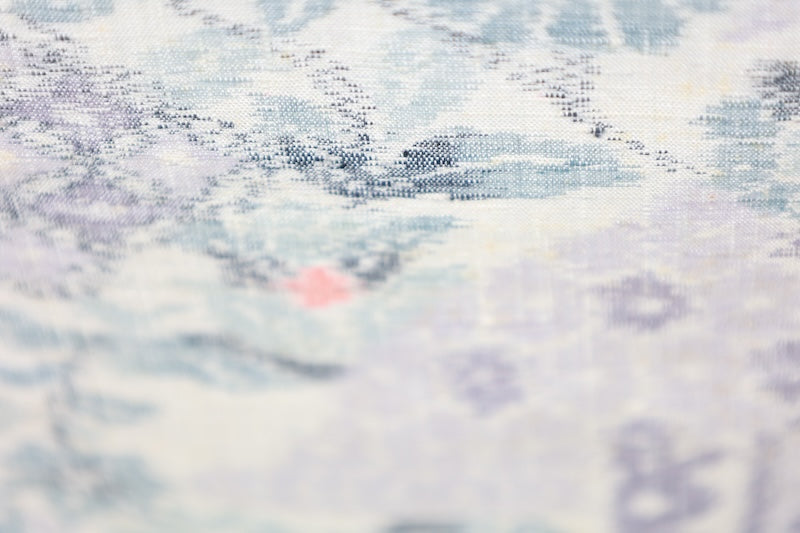 Authentic Ojiya Tsumugi silk fabric, brand new, with silk floss covering, in white, light purple, gray, and red, ikat pattern, handwoven, R289