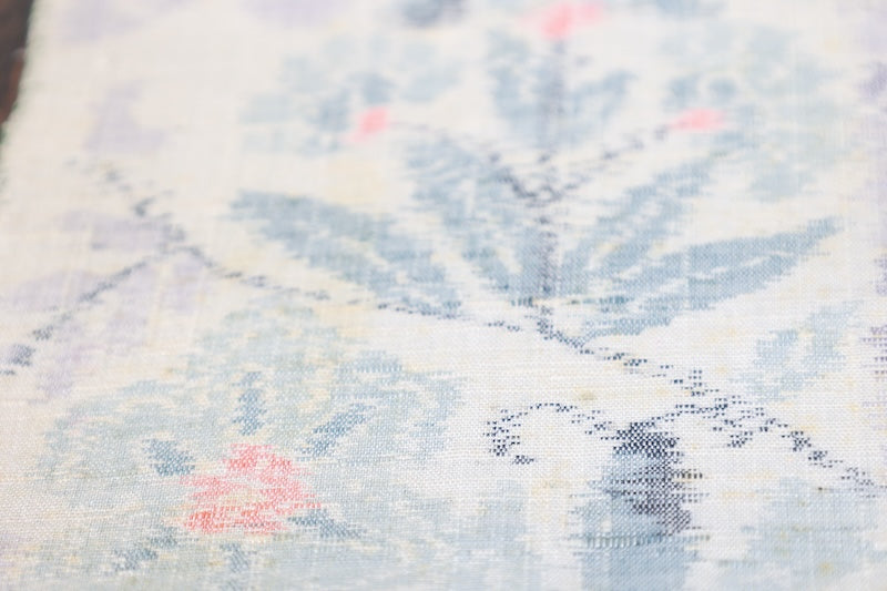 Authentic Ojiya Tsumugi silk fabric, brand new, with silk floss covering, in white, light purple, gray, and red, ikat pattern, handwoven, R289