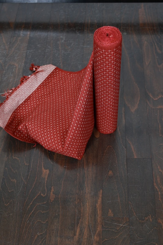 Tsumugi silk fabric, brand new, reddish-brown and white, cross pattern, handwoven, R287