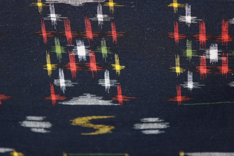 Miyajima Tsumugi silk kimono, brand new, unfinished. Indigo, yellow, gray, green, red. Geometric pattern. Handwoven. R285
