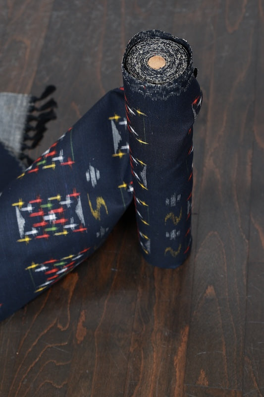 Miyajima Tsumugi silk kimono, brand new, unfinished. Indigo, yellow, gray, green, red. Geometric pattern. Handwoven. R285