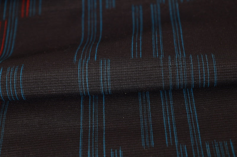 Tsumugi Silk Fabric, Brand New, Shades of Indigo, Red, Irregular Stripe Pattern, Kasuri Weave, Handwoven, R276