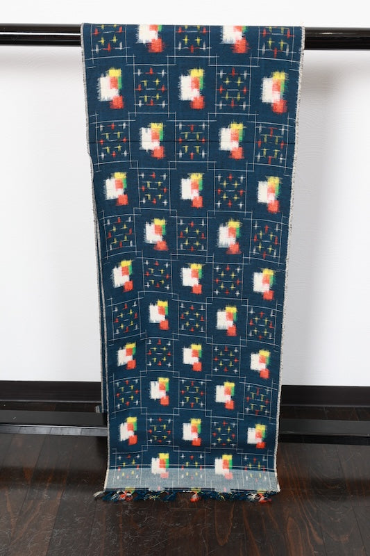 Tsumugi silk fabric , brand new, navy blue, white, red, yellow, geometric pattern,  handwoven, R284