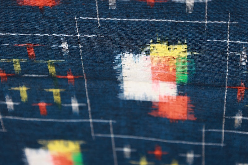 Tsumugi silk fabric , brand new, navy blue, white, red, yellow, geometric pattern,  handwoven, R284