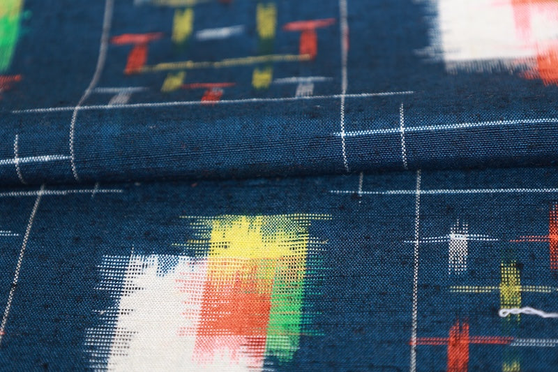 Tsumugi silk fabric , brand new, navy blue, white, red, yellow, geometric pattern,  handwoven, R284