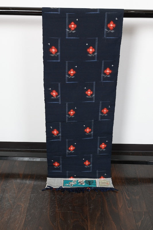 Tsumugi silk fabric, brand new, shades of indigo, floral pattern, handwoven, R261