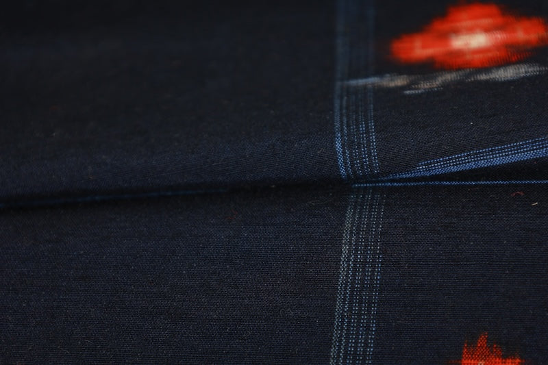 Tsumugi silk fabric, brand new, shades of indigo, floral pattern, handwoven, R261