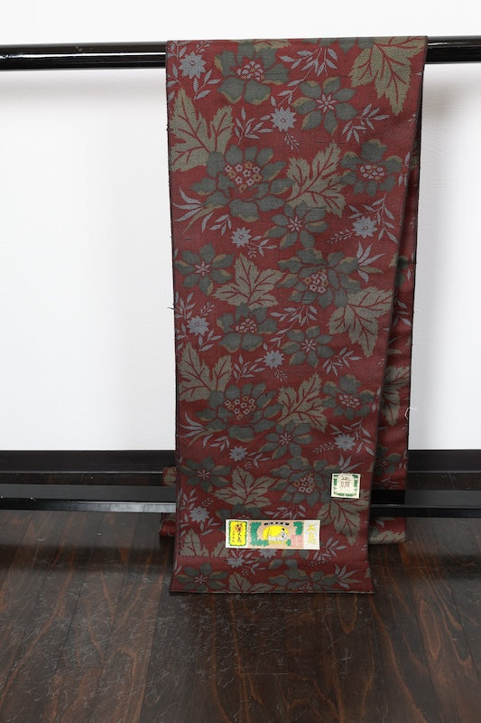 Tsumugi silk fabric, brand new, reddish-brown, green, gray, yellow, floral pattern, handwoven, R283
