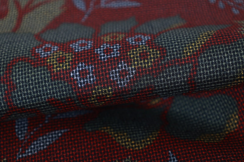 Tsumugi silk fabric, brand new, reddish-brown, green, gray, yellow, floral pattern, handwoven, R283
