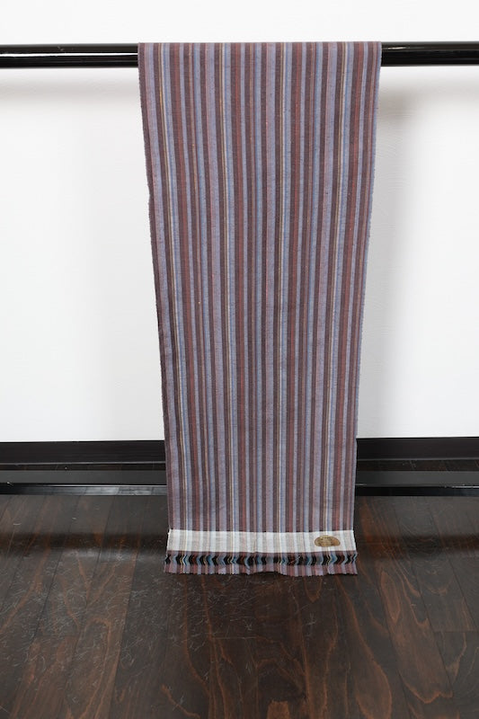 Tsumugi silk fabric, brand new, shades of brown, yellow, red, beige, blue, striped pattern, handwoven, R286