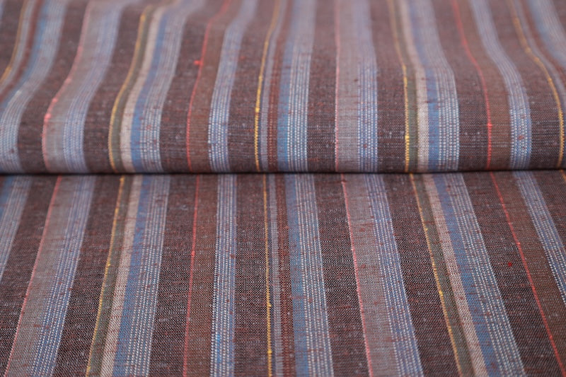 Tsumugi silk fabric, brand new, shades of brown, yellow, red, beige, blue, striped pattern, handwoven, R286