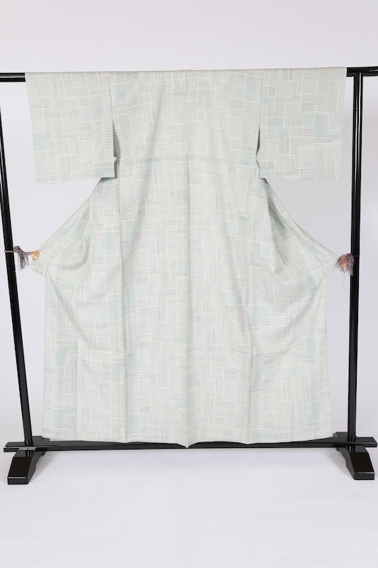 Tsumugi silk fabric used, white, blue, black, geometric pattern, handwoven.B1486