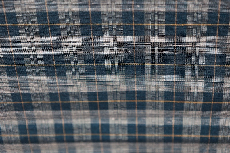 Tsumugi silk fabric, brand new, indigo, mustard, and white checkered pattern, handwoven, R280