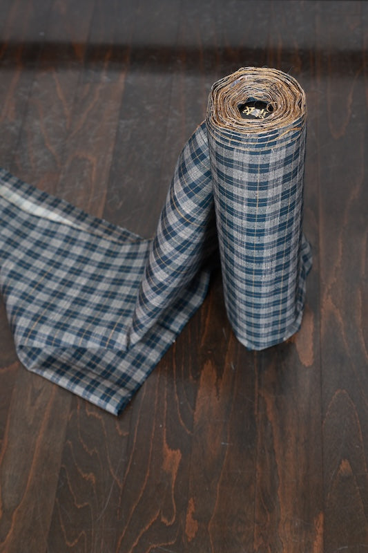 Tsumugi silk fabric, brand new, indigo, mustard, and white checkered pattern, handwoven, R280