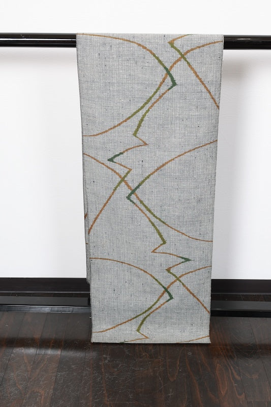 Tsumugi silk fabric , brand new, gray, green, brown, post-dyed, handwoven, geometric pattern, R272