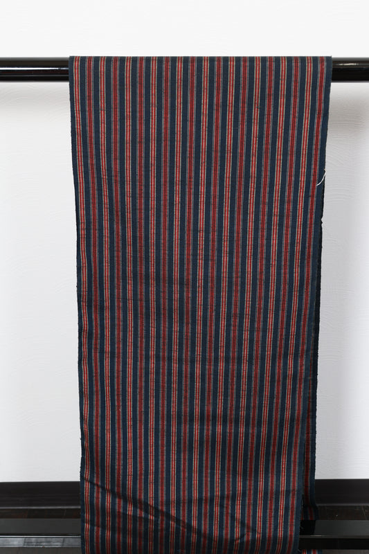 Tsumugi silk fabric, brand new, indigo, red, gray stripes, handwoven, R323