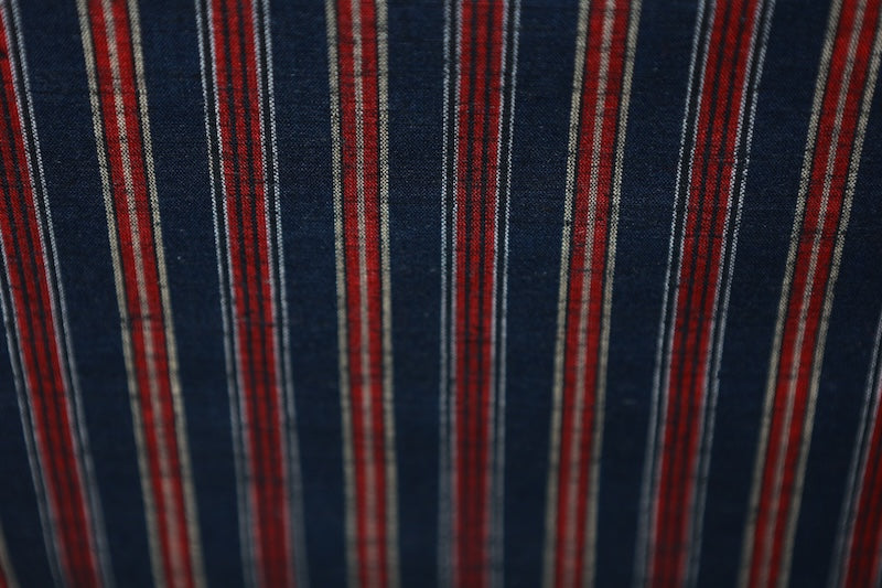 Tsumugi silk fabric, brand new, indigo, red, gray stripes, handwoven, R323