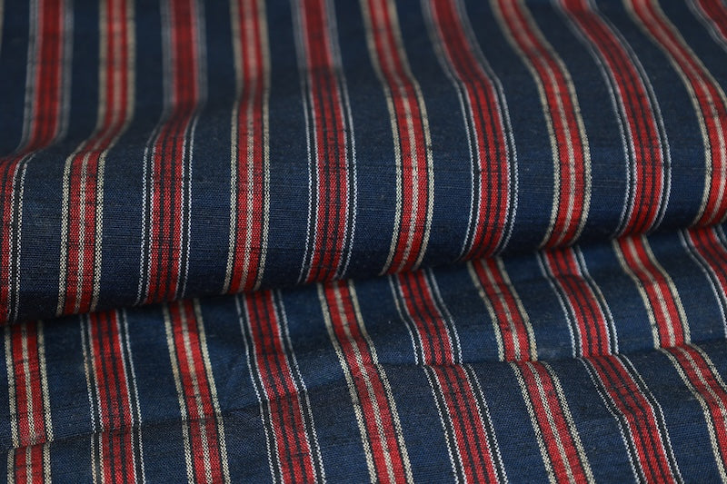 Tsumugi silk fabric, brand new, indigo, red, gray stripes, handwoven, R323