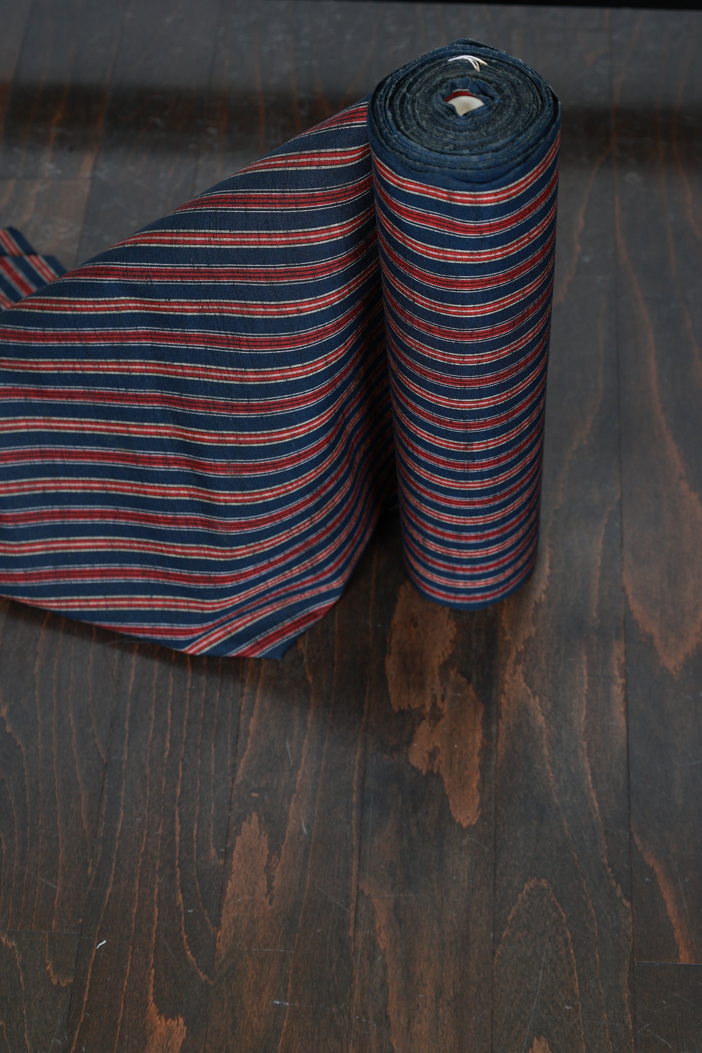 Tsumugi silk fabric, brand new, indigo, red, gray stripes, handwoven, R323