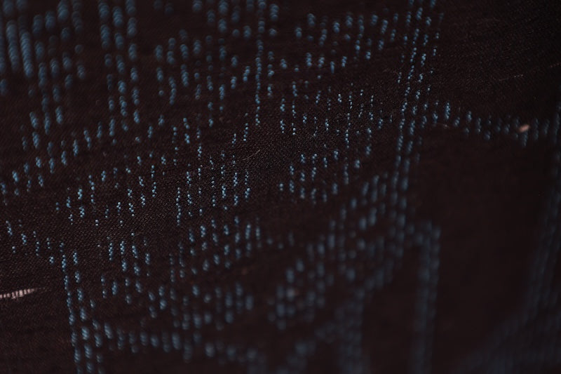 Ishige Yuki Tsumugi silk kimono, brand new and unused, in shades of indigo, with floral and geometric patterns.B1480