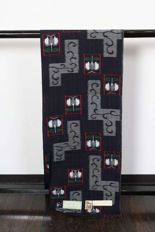 Kurume Kasuri fabric , brand new, indigo, gray, green, red, geometric pattern, R292