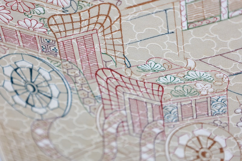 Komon (Japan kimono silk fabric) - Beige, reddish-brown, green, indigo, brown - Cherry blossom pattern throughout - Imperial Palace landscape - Hand-dyed with stencils -  Kyoto-style dyeing - R310