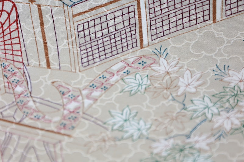 Komon (Japan kimono silk fabric) - Beige, reddish-brown, green, indigo, brown - Cherry blossom pattern throughout - Imperial Palace landscape - Hand-dyed with stencils -  Kyoto-style dyeing - R310