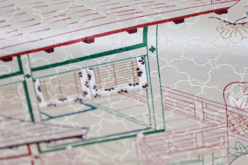 Komon (Japan kimono silk fabric) - Beige, reddish-brown, green, indigo, brown - Cherry blossom pattern throughout - Imperial Palace landscape - Hand-dyed with stencils -  Kyoto-style dyeing - R310