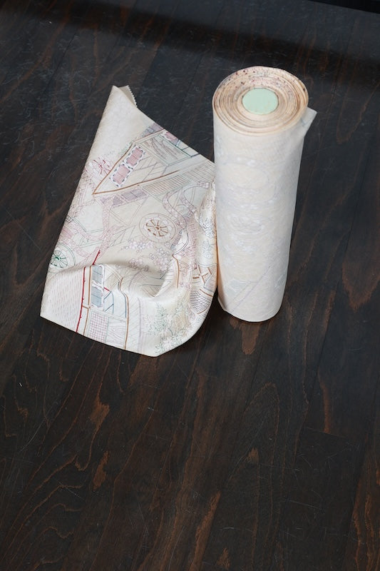 Komon (Japan kimono silk fabric) - Beige, reddish-brown, green, indigo, brown - Cherry blossom pattern throughout - Imperial Palace landscape - Hand-dyed with stencils -  Kyoto-style dyeing - R310