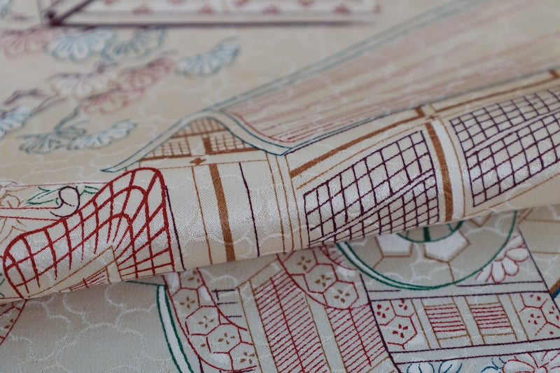 Komon (Japan kimono silk fabric) - Beige, reddish-brown, green, indigo, brown - Cherry blossom pattern throughout - Imperial Palace landscape - Hand-dyed with stencils -  Kyoto-style dyeing - R310
