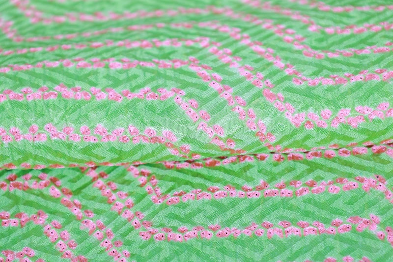 New Kimono fabric , embroidered sibori pattern, green and pink, R303