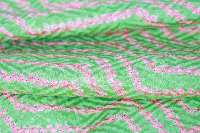 New Kimono fabric , embroidered sibori pattern, green and pink, R303