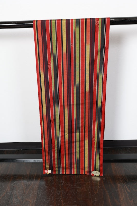 Tsumugi silk fabric , Nishijin weave, brand new, black, red, green, brown, striped, floral pattern, R289