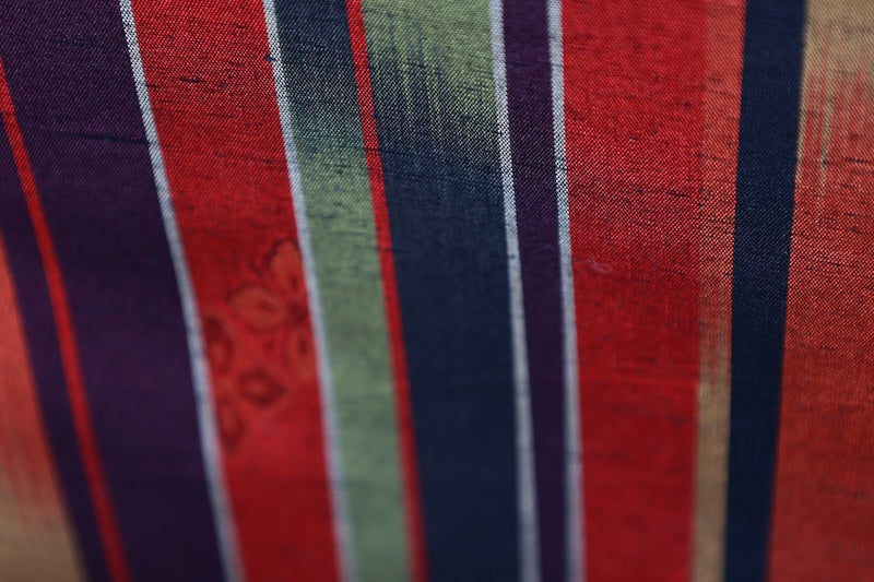 Tsumugi silk fabric , Nishijin weave, brand new, black, red, green, brown, striped, floral pattern, R289