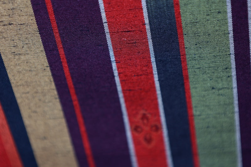Tsumugi silk fabric , Nishijin weave, brand new, black, red, green, brown, striped, floral pattern, R289