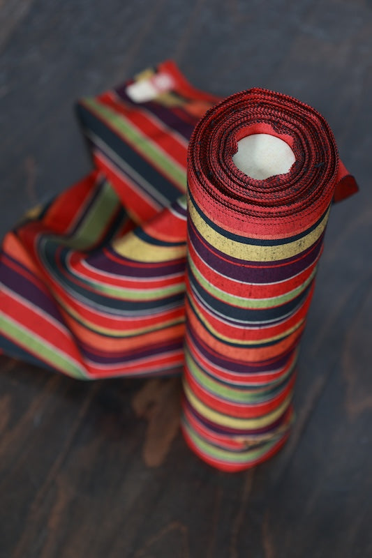 Tsumugi silk fabric , Nishijin weave, brand new, black, red, green, brown, striped, floral pattern, R289