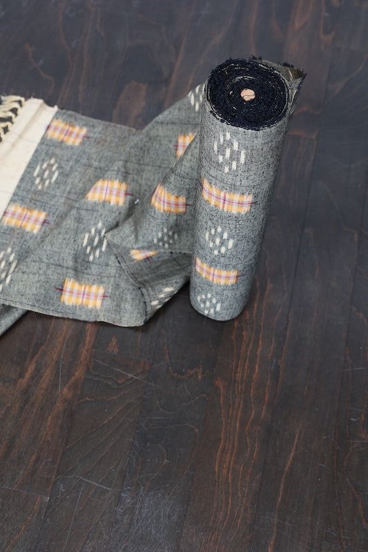 Tsumugi silk fabric, brand new, beige, black, yellow, red, geometric pattern, handwoven, R305