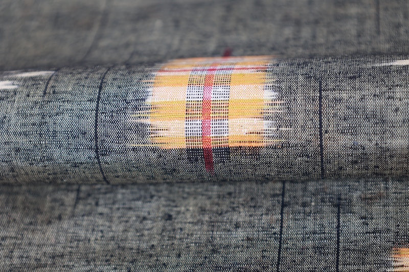 Tsumugi silk fabric, brand new, beige, black, yellow, red, geometric pattern, handwoven, R305