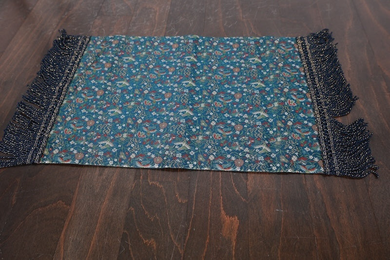 Table runner, Kawashima Textile, indigo, white, gold, green, crane and flower design, brocade weave, R336