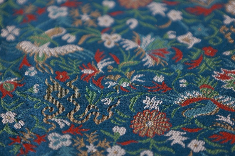 Table runner, Kawashima Textile, indigo, white, gold, green, crane and flower design, brocade weave, R336