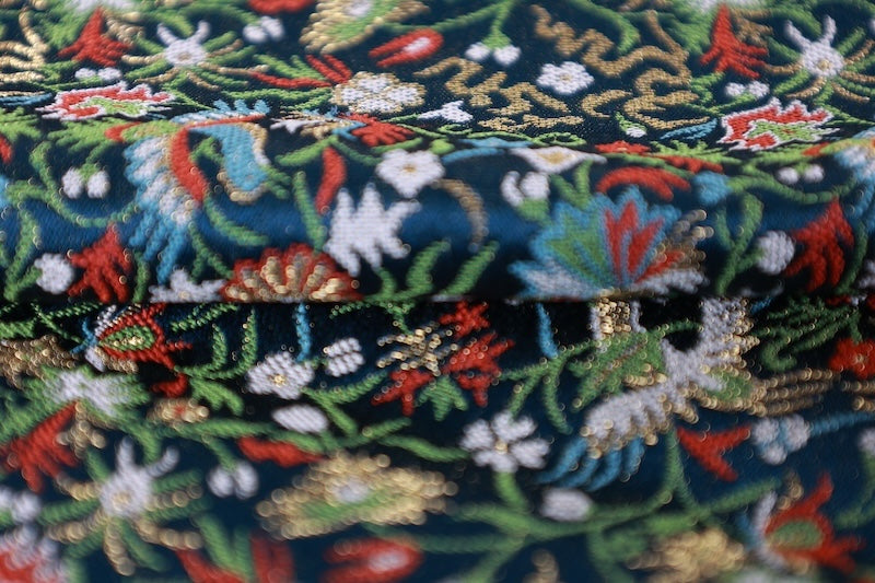 Table runner, Kawashima Textile, indigo, white, gold, green, crane and flower design, brocade weave, R336