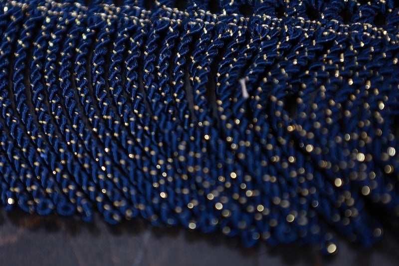 Table runner, Kawashima Textile, indigo, white, gold, green, crane and flower design, brocade weave, R336