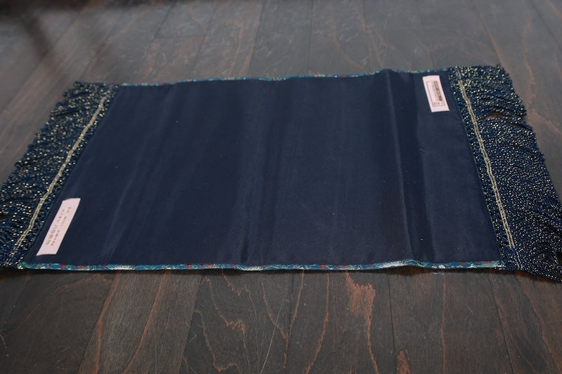 Table runner, Kawashima Textile, indigo, white, gold, green, crane and flower design, brocade weave, R336
